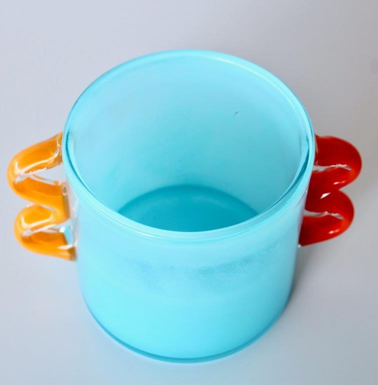 Aqua Blue Glass Vase With Orange Handles